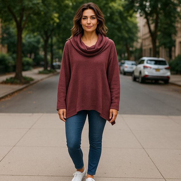 Soft Surroundings Sweater Burgundy Tunic Top Cowl Neck‎ Long Sleeve Pullover - Picture 1 of 10